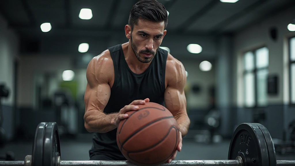 لاعب كرة سلة يقوم بتمارين بدنية للقوة واللياقة في صالة التدريب